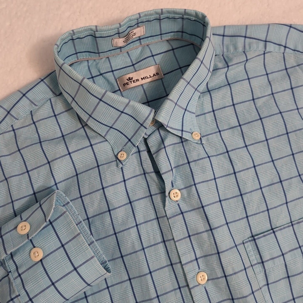 Peter Millar Men's Med L/S Button Down Collar Dress Shirt Blue Plaid Check
